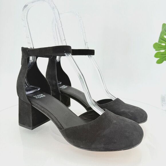 Eileen Fisher Indi Ankle Strap Pumps Suede Black Leather Size 8 Block Heel - Picture 1 of 16